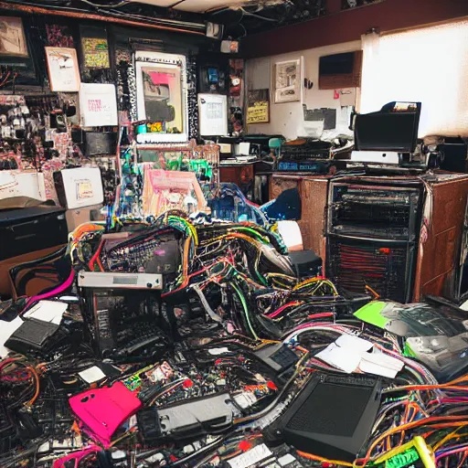 Prompt: a pile of neon lit motherboards and computer parts covering Grimes sitting in a large vintage room
