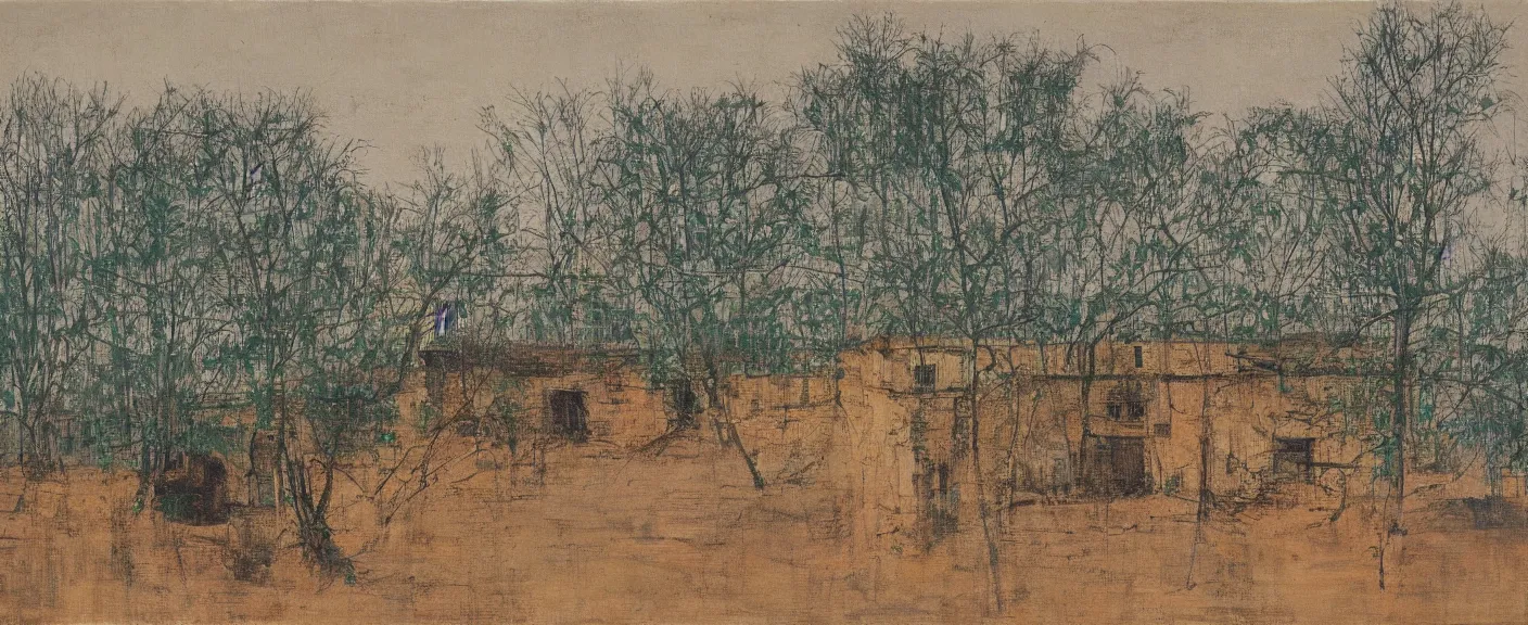 Image similar to a chinese prison near a river by peter doig, muted colors