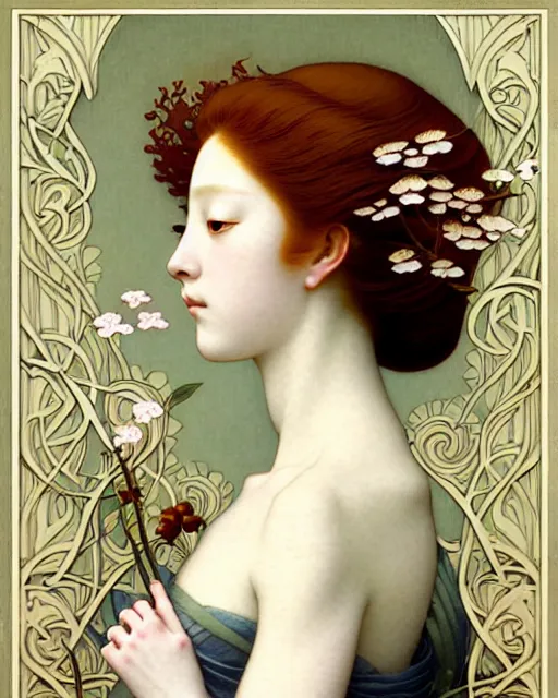 Image similar to Beautiful and playful ethereal ginger portrait, art nouveau, fantasy, intricate flower designs, elegant, highly detailed, sharp focus, art by Hasui Kawase, Camille Corot, Artgerm and Greg Rutkowski and WLOP