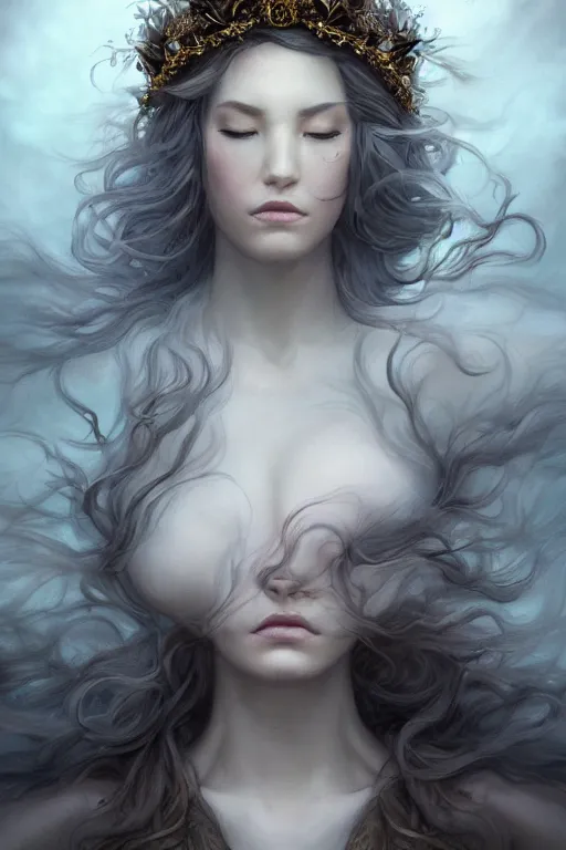 Prompt: hydrangea queen goddess dreaming!!!, windy floating hair!!, atmospheric moody, dark surreal, seductive beauty! cinematic volumetric lights, bust portrait, dnd, fantasy, intricate, elegant, highly detailed, digital painting, artstation, concept art, smooth, sharp focus, illustration, art by artgerm and tom bagshaw and greg rutkowski and alphonse mucha