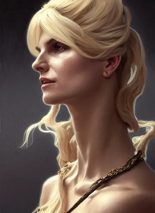 Image similar to portrait of victoria silvstedt as a lady, collar and leash, jewelry, greek, dark, intricate, headshot, highly detailed, digital painting, artstation, concept art, sharp focus, cinematic lighting, illustration, art by artgerm and greg rutkowski, alphonse mucha, cgsociety