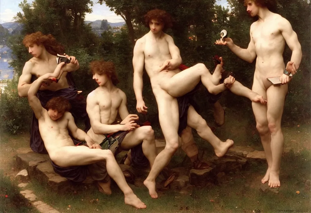 Image similar to pre-Raphaelite male muscular athletic gamers playing games on laptops by Bouguereau