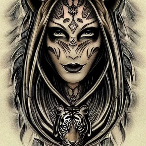 Image similar to ! dream a realistic tattoo design of a beautiful warrior woman below a tiger head, highly detailed