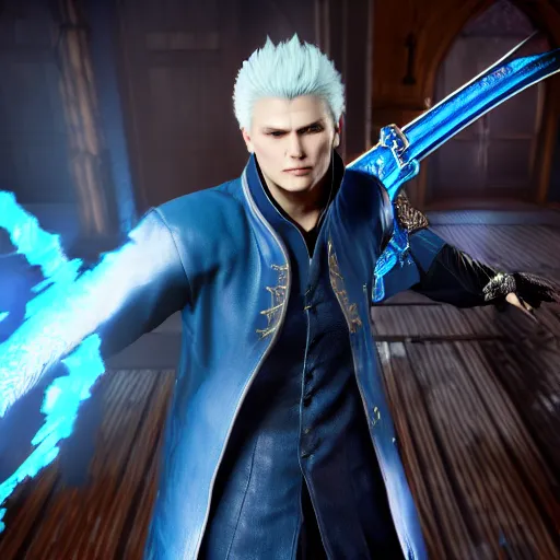 Image similar to portrait of a vergil from devil may cry ,Capcom, Grim fantasy, dlss, HDR, devil may cry 5, autodesk maya render , blue aura, natural light, shoulder level shot, dynamic pose, award winning photograph, Mucha style, 8k,