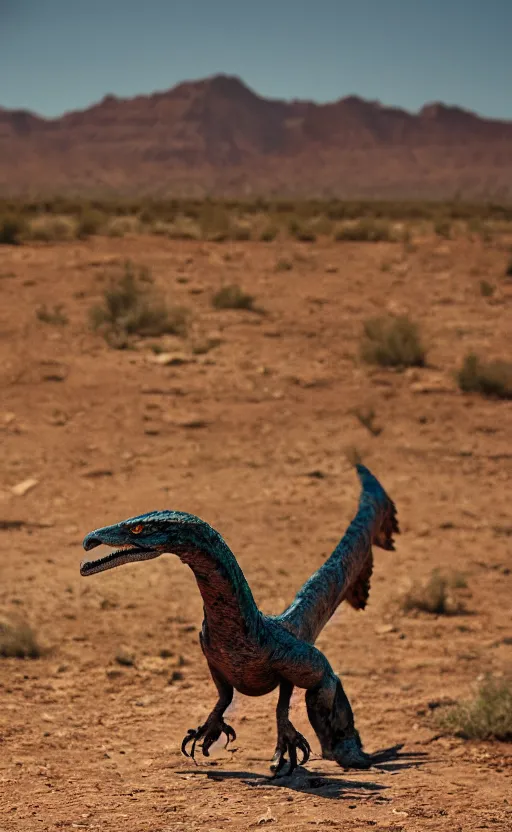 Image similar to a utahraptor in desert, photo, realistic, 3 5 mm, 4 k