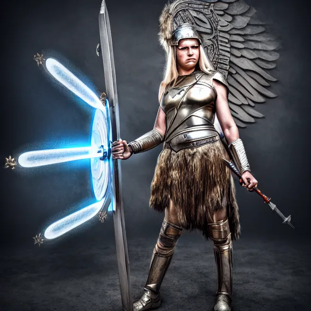 Image similar to photo of a valkyrie warrior with light powers, highly detailed, 4 k, hdr, smooth, sharp focus, high resolution, award - winning photo