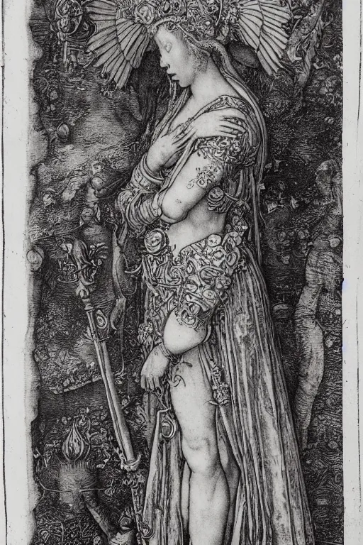 Image similar to albrecht durer, albrecht altdorfer, hans holbein, lucas cranach, gustave dore, engraving-style tattoo of regal female boddhisatva with the attributes of Diana, Athena, Guanyin, Shakti, Isthar, Deborah, and Seshat, wearing a robe, standing gracefully upon a lotus, surrounded by egrets and northern wetland flora