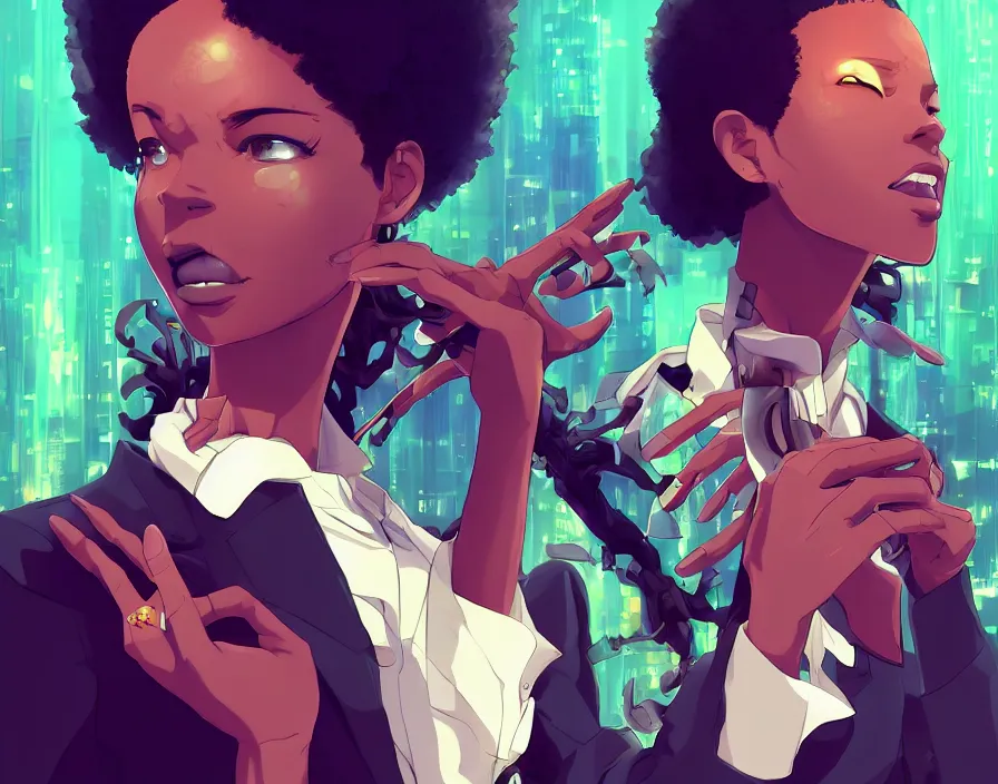 Image similar to afro - futuristic professionals, business attire and confidence, hacking the multiverse of possibilities | hyperrealistic digital art | by makoto shinkai, ilya kuvshinov, lois van baarle, rossdraws | afrofuturism, in the style of boondocks, trending on artstation | dark color scheme