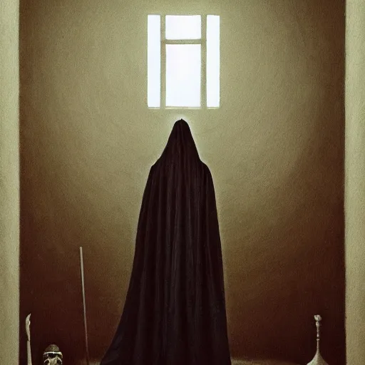 Prompt: a politician looking in the mirror, reflection of the grim reaper in a cape, beksinski, dariusz zawadzki, symmetrical, very coherent symmetrical artwork, cinematic, hyper realism, high detail, octane render, 8 k