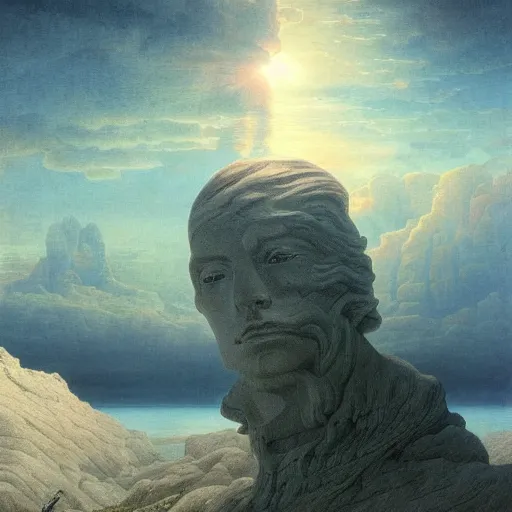 Image similar to David Friedrich, perfect white balance, scifi landscape, hyperrealistic surrealism, award winning masterpiece with incredible details, epic stunning, infinity pool, a surreal vaporwave liminal space, highly detailed, trending on ArtStation, artgerm and greg rutkowski and alphonse mucha, daily deviation, IAMAG, broken giant marble head statue ruins, golden hour