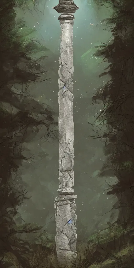 Prompt: a stone pillar standing forgotten in a forest. above the canopy the sky is full of stars. symmetrical composition. digital painting. detailed concept art. colourful. fantasy art. dramatic lighting.