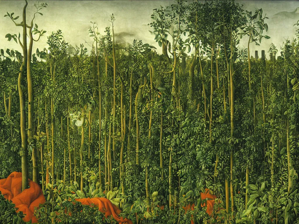 Image similar to Apocalypse with vegetation, leaves, creepers, ivy, ferns taking over the industrial metropolis, toxic, machinery, factory. Thunderstorm, autumn light. Painting by Giovanni Bellini, Henri Rousseau, Escher