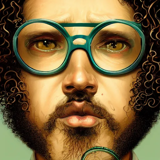 Prompt: closeup portrait of a man with curly hair and round glasses and a goatee swimming in toxic waste, by anna dittmann and ilya kuvshinov, nikolay makovsky, fantasy, high detail, elegant, digital painting, wlop, natural light, vibrant, intricate, textured skin, highly detailed, artstation, sharp, focus, illustration, nikolay makovsky