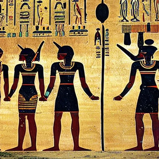 Image similar to ancient egyptian art featuring robots!