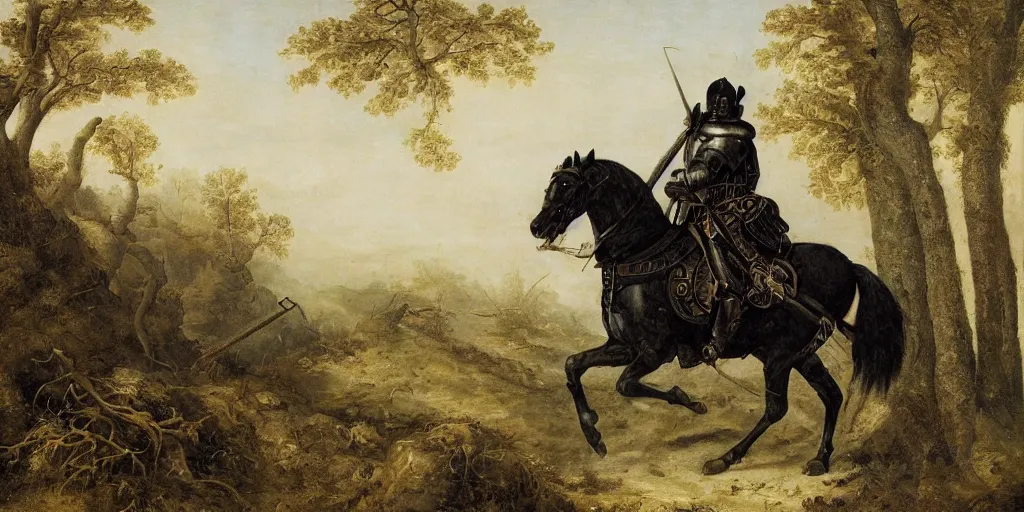 Prompt: Ben EvrardPro a whole-length portrait of a black knight on horseback many dry branch with man ,wearing armor , In the morning mist ,in style of realistic
