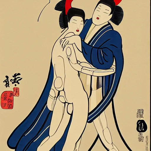 Image similar to a robotic man and woman hugging, shunga style, ukiyo - e art, artstation