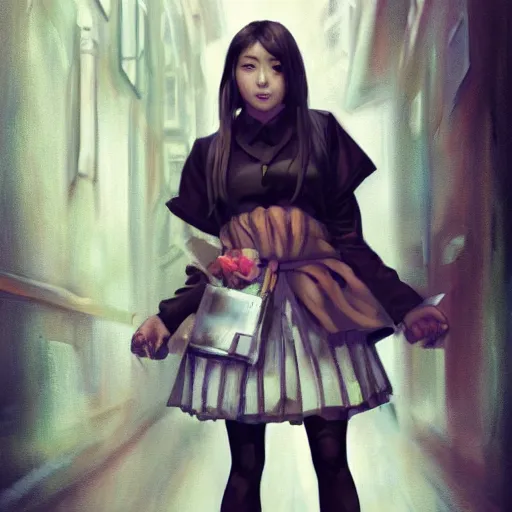 Image similar to a perfect, surrealistic professional oil painting of a Japanese schoolgirl posing in a dystopian alleyway, style of Marvel, full length, by a professional American senior artist on ArtStation, a high-quality hollywood-style concept