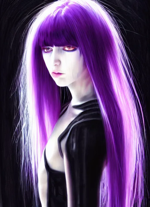 Image similar to hair whitebangs hair, black cyberlox, portrait of teenage girl with white bangs, whitebangsblackhair, messy bangs, cyberlox, whitebangs, red irises, purple clothes, intricate, elegant, glowing lights, highly detailed, digital painting, artstation, concept art, sharp focus, illustration, art by wlop, mars ravelo and greg rutkowski