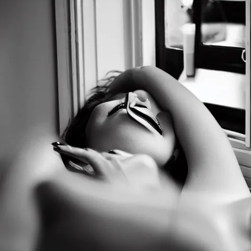 Image similar to a black and white artistic photography of a woman lying on a bed smoking a cigarette and looking at the window. Fashion photography, art installation, video art.