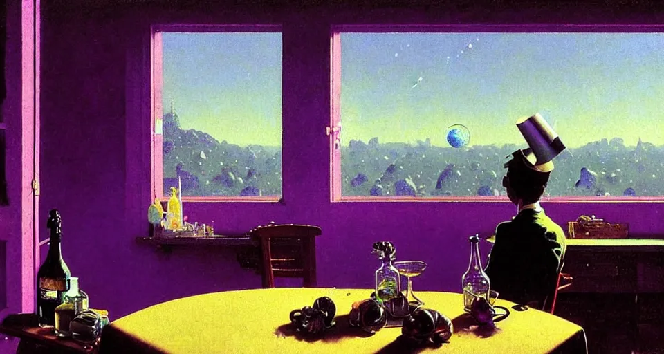 Prompt: one single purple potion in a round bottle with a glowing galactic landscape inside of it on a messy brown table, papers and books, sunlight from a window, soft lighting, atmospheric, bottle is the focus. rene magritte simon stalenhag carl spitzweg syd mead norman rockwell edward hopper james gilleard