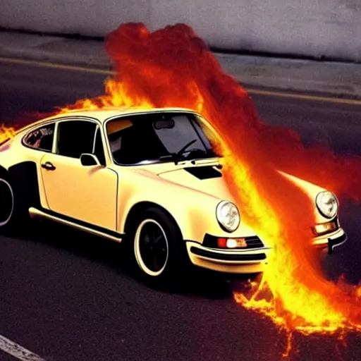 Image similar to porsche 911 time traveling in back 2 the future. burning trail of flames on the street. 88miles per hour