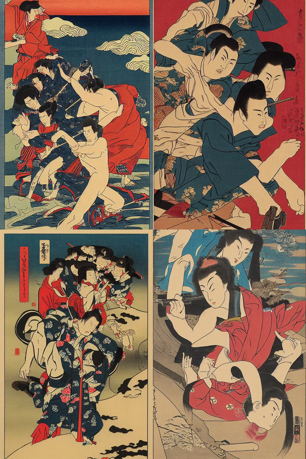 Image similar to action movie poster in the style of ukiyo-e