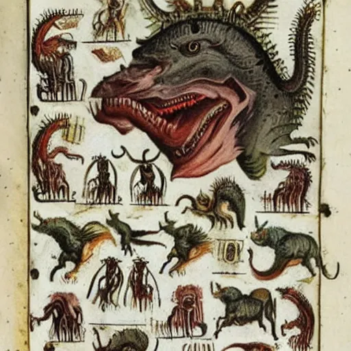 Image similar to medieval bestiary filled with uncanny grotesque beasts and hybrids