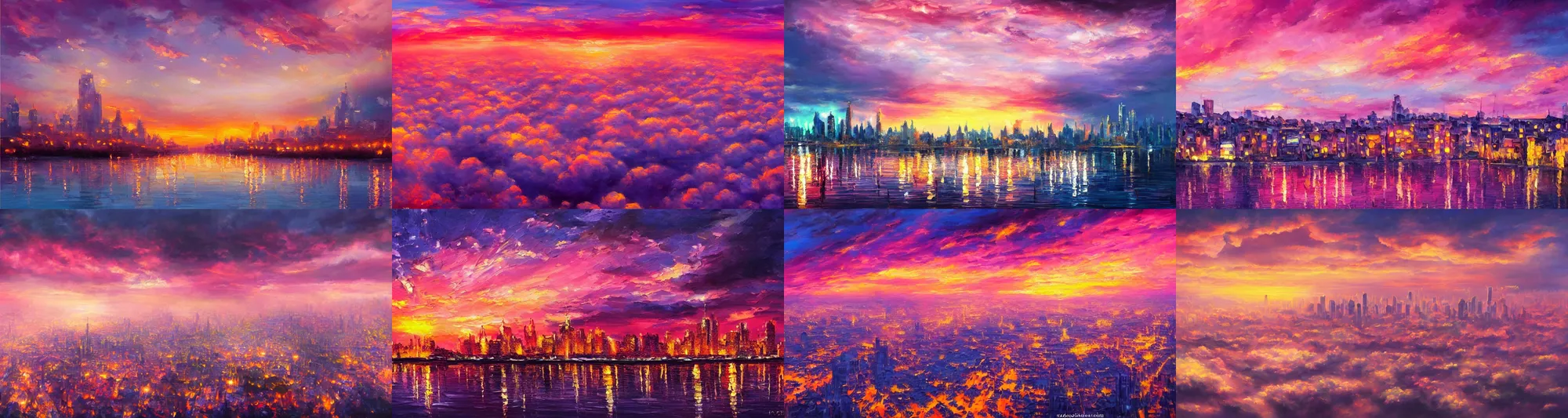 Prompt: a beautiful city floating in the clouds during a pink sunset, colorful oil painting, dramatic fantasy lighting