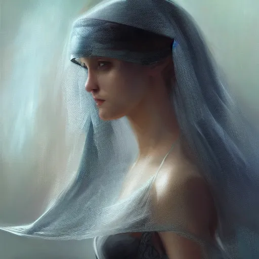 Image similar to a painting of a woman with a veil on her head, a hyperrealistic painting by Raymond Swanland, featured on cgsociety, fantasy art, daz3d, artstation hd, hyper-realistic