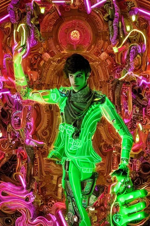 Image similar to full-body bladerunner neon baroque style sculpture of a young handsome Spanish prince as a half cibernetic android with a chest opening exposing circuitry and electric sparks, glowing laser beam eyes, crown of giant neon diamonds, flowing neon green colored silk, fabric, raptors. baroque elements. full-length view. mechanical gear neon flowers. intricate artwork by caravaggio. black screen panel for a face. Trending on artstation, octane render, cinematic lighting from the right, hyper realism, octane render, 8k, depth of field, 3D