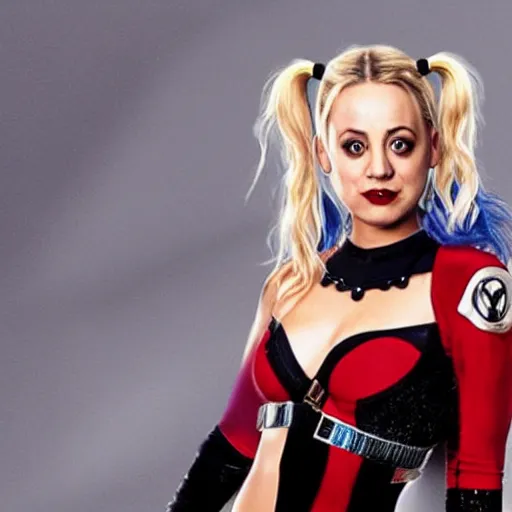 Image similar to A still of Kaley Cuoco as Harley Quinn