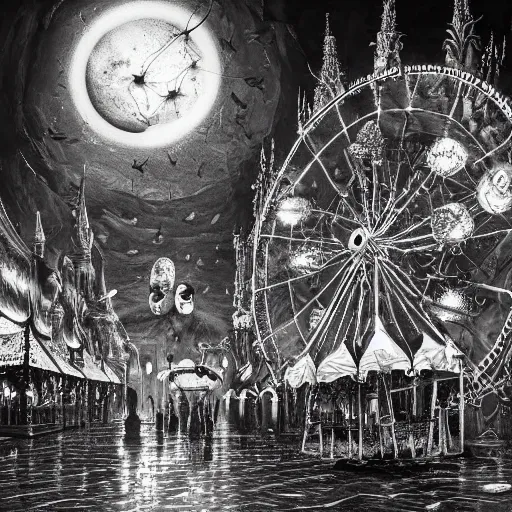 Image similar to ultra realist soft painting of a curiosities carnival by night, horror, omnious sky, symmetry accurate features, very intricate details, Elden Ring, black and white, volumetric light clouds