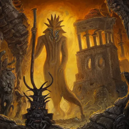 Image similar to a village built on the god of nyarlathotep, toad - like creatures that seemed to change their shape and appearance constantly, and from which emanated, in some way that i am unable to distinguish, a horrible hooting, a kind of flute. oil painting, digital art, ultradetailed, artstation
