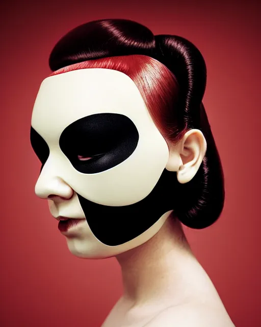 Image similar to symmetrical close - up portrait of a woman wearing a red silicone beauty mask and hair buns, wearing a black bodysuit by alexander mcqueen, cream white background, soft light, biotechnology, humanoide robot, bjork aesthetic, translucent, by rineke dijkstra, masterpiece,