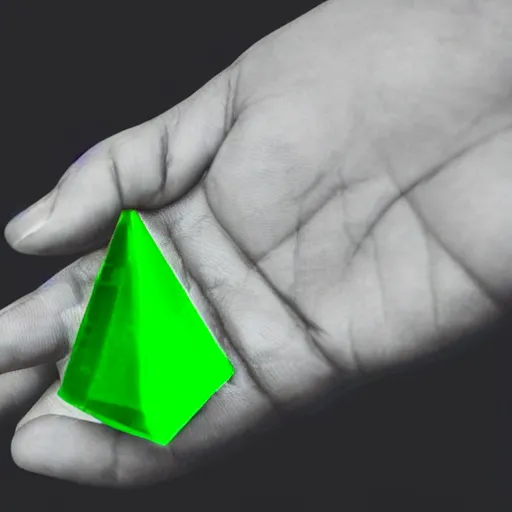 Prompt: a small glowing green shard of kryptonite held between the index finger and thumb of a black - gloved hand, black background