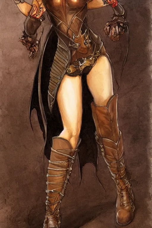 Prompt: Portrait of a beautiful female Half-Elf Rogue in high heeled leather boots in the style of Gerald Brom