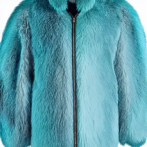 Image similar to an award - winning editorial photo of a medieval nike jacket made of very fluffy teal faux fur : : with a reflective iridescent oversized collar, dramatic lighting, realistic, designed by alexander mcqueen