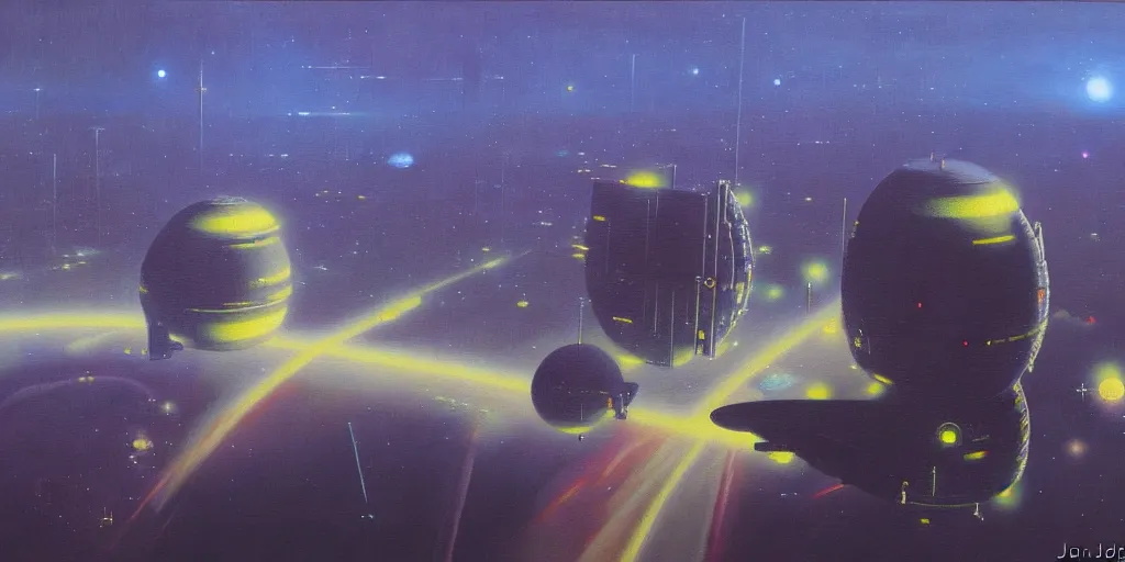 Image similar to a painting of low earth orbit space city by john harris. 8 k, ultra clear detailed.