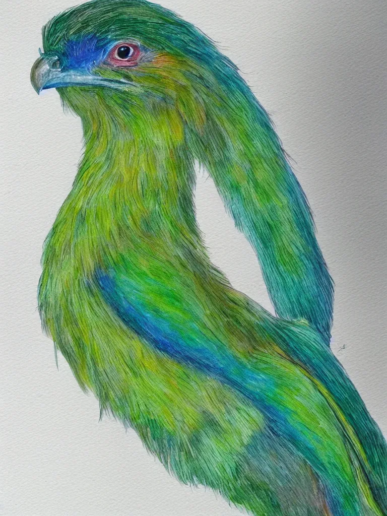 Prompt: A realistic painting of a Quetzal on a white background, watercolour, pastel colours,