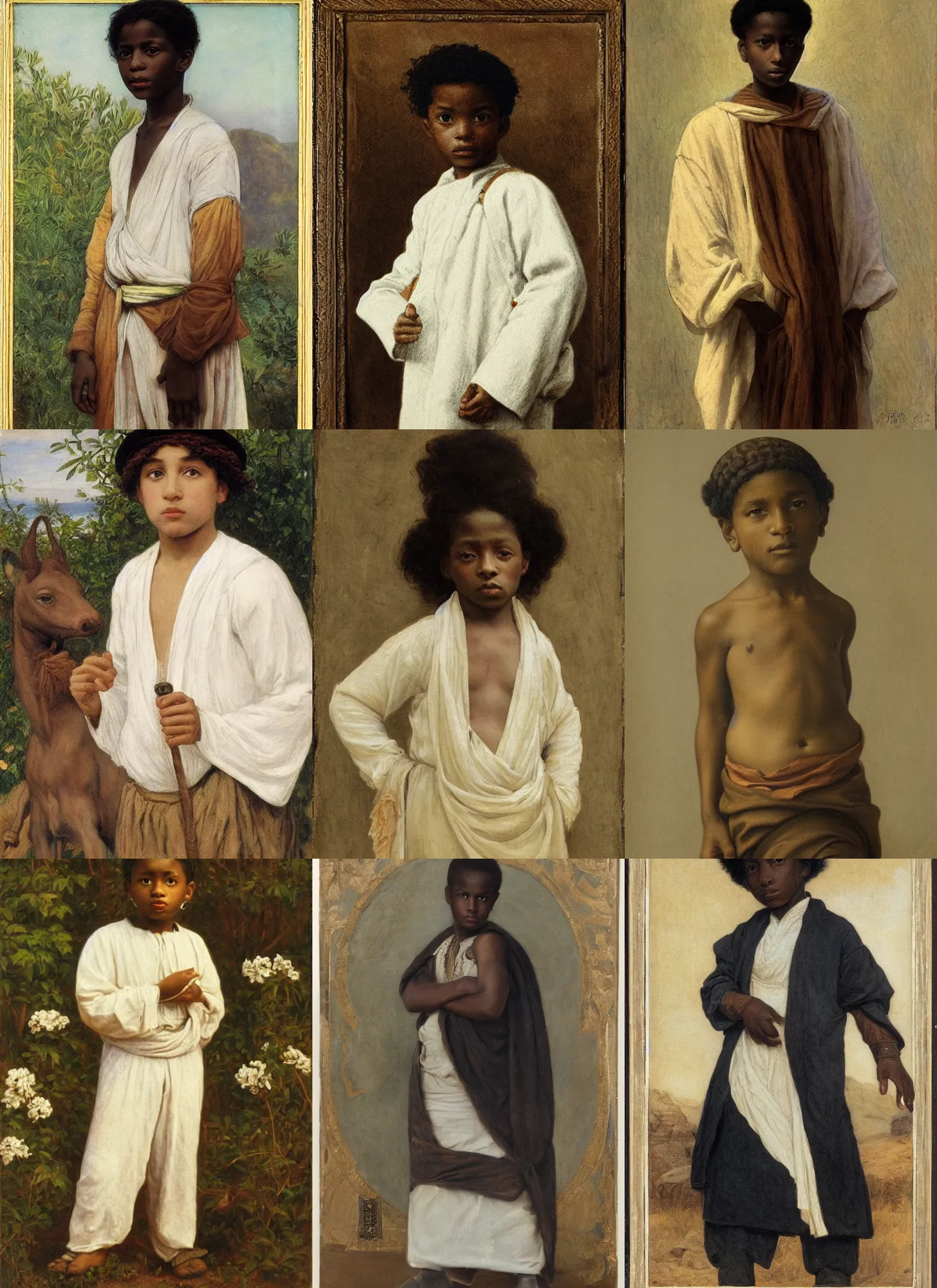 Prompt: young black boy, white tunica, orientalism, pre-raphaelite