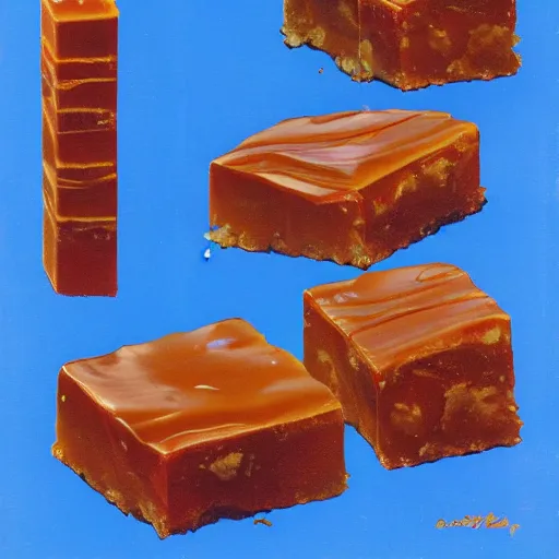 Prompt: caramel squares on a blue background, chesley bonestell, vincent di fate