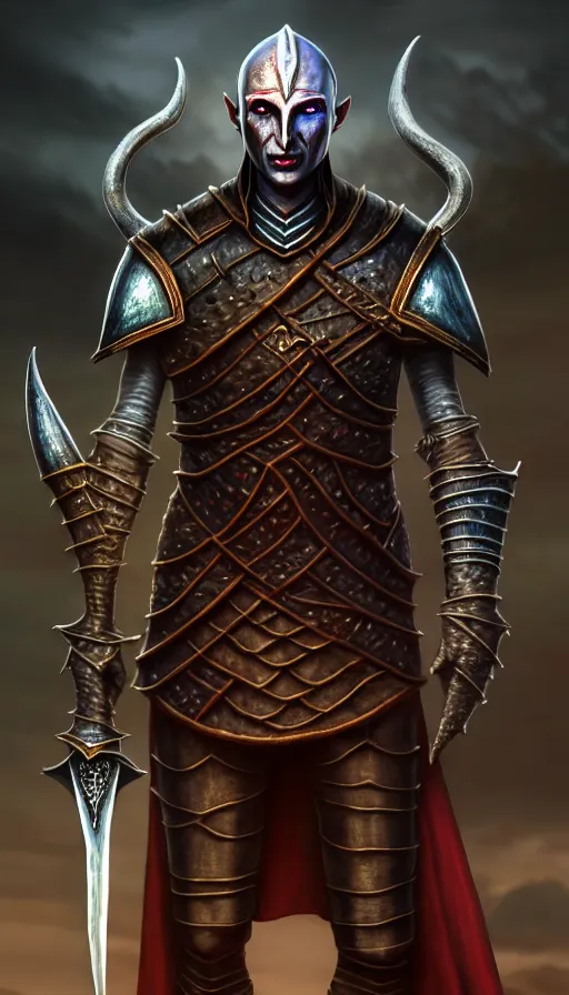 Image similar to hyperrealistic full body image of morrowind dunmer male nerevarine in front of balmora, red eyes, 3 / 4 portrait, symmetrical face, handsome face, full body dnd character portrait, medieval armor, morrowind armor, oblivion armor, skyrim armor, eso armor, intricate, highly detailed, elegant, 4 k, artstation, deviantart