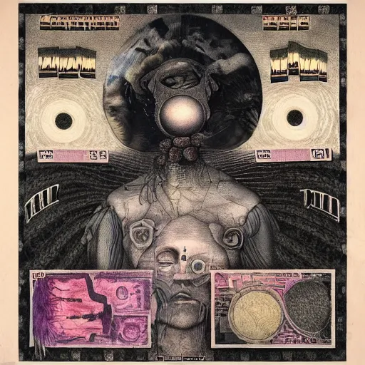 Image similar to post - punk new age album cover, asymmetrical design, dollar bank notes, capitalism, magic, apocalypse, psychedelic, black white pink, magic, giger h. r., giuseppe arcimboldo, peder aalto