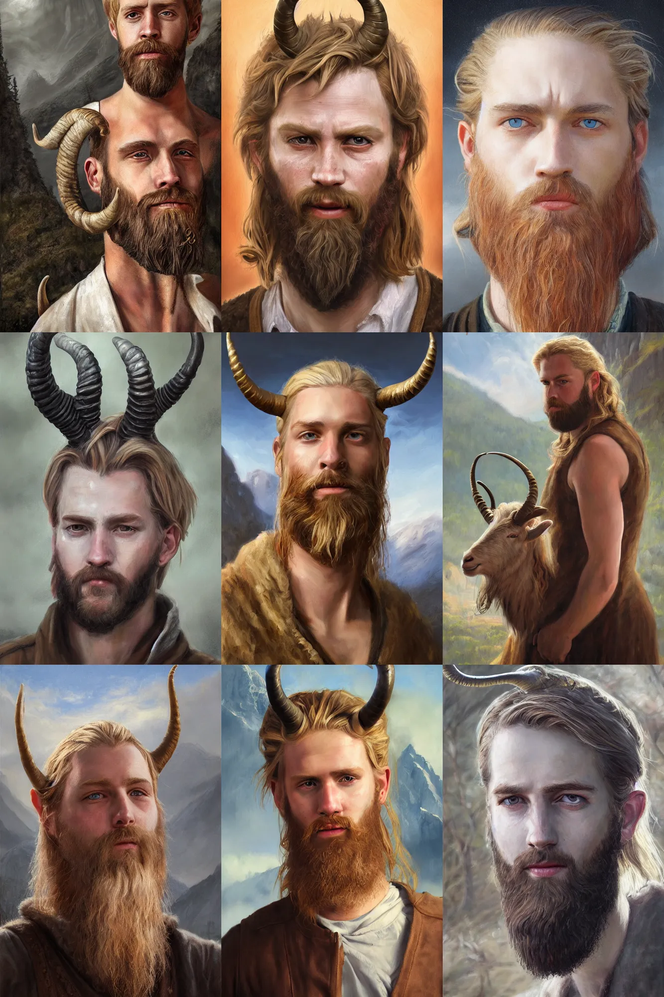 Prompt: a high detail fantasy portrait oil painting illustration of a young blond bearded man with long goat horns by justin sweet with face and body clearly visible, in a scenic background, pupils visible, realistic proportions, d & d, rpg, forgotten realms, artstation trending, high quality, sombre mood, muted colours, entire person visible!, natural light,