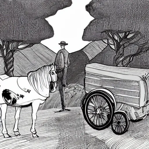 Image similar to a black and white edward gorey illustration of a man in old fashioned clothes waits by the side of the mountain road with his suitcase, looking at a coach with 4 horses is in front of him, stormy night time in the mountains highly detailed in the style of edward gorey, artgerm, 8 k resolution - c 5