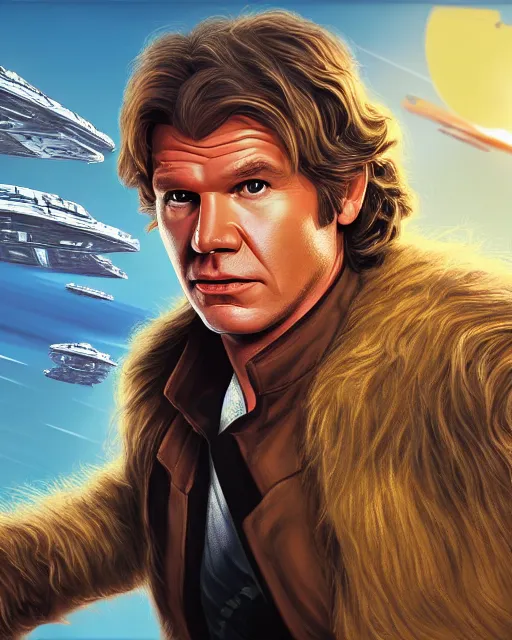 Image similar to portrait of han solo on the millennium falcon, harrison ford,, star wars, gta v, hyper realistic, ambient lighting, concept art, intricate, hyper detailed, smooth, action, volumetric lighting, george lucas, arney fretag, ralph mcquarrie, octane