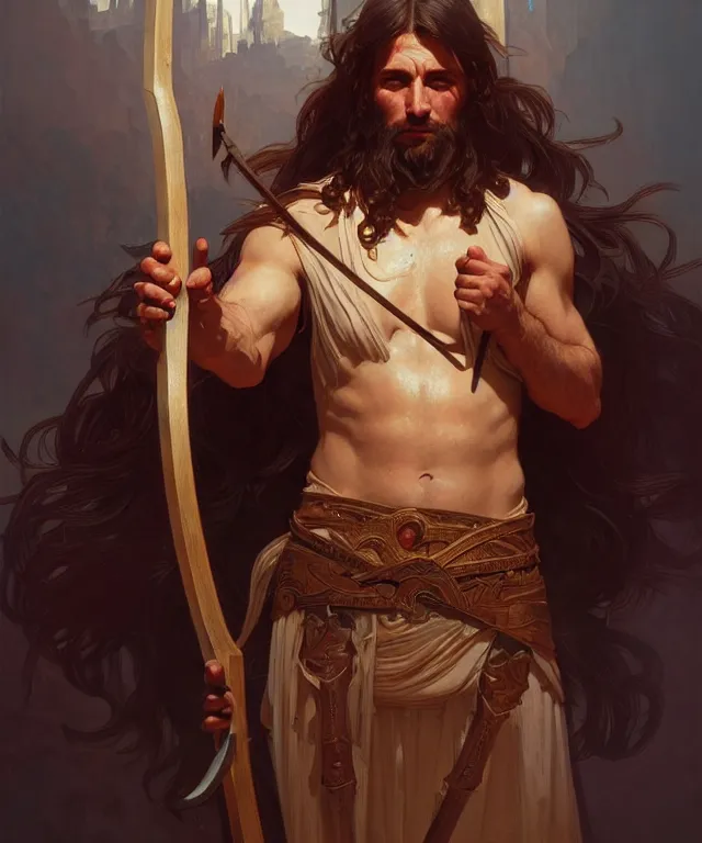 Image similar to portrait of biblical cain holding a spear, intricate, headshot, highly detailed, digital painting, artstation, concept art, sharp focus, cinematic lighting, illustration, art by artgerm and greg rutkowski, alphonse mucha, cgsociety