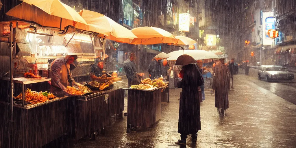 Prompt: Street food vendor prepares your meal as it rains, cozy wallpaper, 4k, high details, volumetric dynamic lighting, motion blur, bokeh, trending on Artstation, award-winning, art by Greg Rutkowski