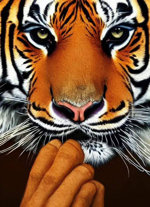 Image similar to a color photo of a tiger, a photorealistic painting by christian w. staudinger, behance, hyperrealism, hyper realism, majestic, wallpaper