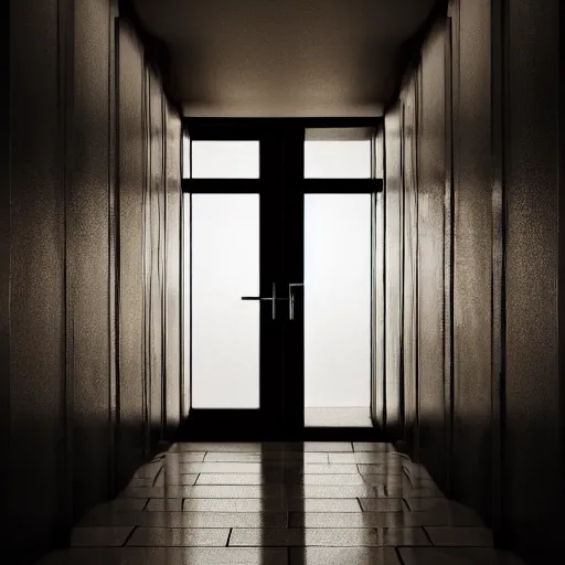 Image similar to a dark and recursive hallway with many doors, with a heavenly glow